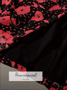 Black with Red Flower Print Midi Vintage Skirt High Waist Fit