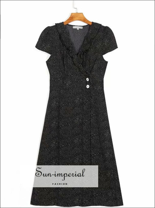 Black with White Polka Dot Vintage side Buttoned Tie Dye Waist Women Wrap Midi Dress