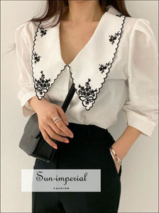 Black Women Buttoned Blouse with Red Embroidery Flower Printed Lapel Collar Single Pocket Retro 3/4 top, vintage style, White women blouse 