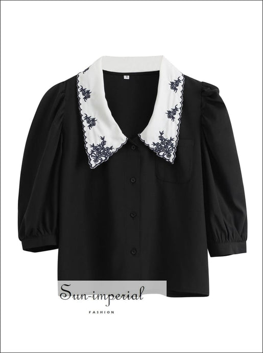 Black Women Buttoned Blouse with Red Embroidery Flower Printed Lapel Collar Single Pocket Retro 3/4 top, vintage style, White women blouse 