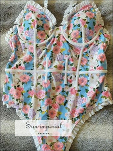 Blue and Pink Floral One Piece Swimsuit Vintage Lace Floral Print Swimwear