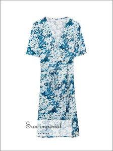 Blue Canvas Print Warp Midi Dress Short Sleeve V-neck Eu