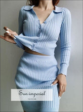 Blue Co-ord Collared Button through Ribbed Knit Cardigan and Mini Skirt Two Piece Set Basic style, Casual, casual street style SUN-IMPERIAL 