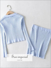 Blue Co-ord Collared Button through Ribbed Knit Cardigan and Mini Skirt Two Piece Set Basic style, Casual, casual street style SUN-IMPERIAL 
