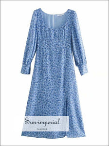 Blue Floral Print front Split Long Sleeve Vintage Midi Dress vintage style SUN-IMPERIAL United States