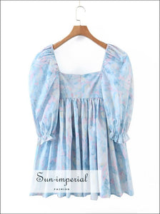 Blue Floral Print Short Puff Sleeve Square Neckline A-line Pleated Mini Dress A-Line Dress, bohemian style, boho harajuku Preppy Style 