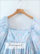Blue Floral Print Short Puff Sleeve Square Neckline A-line Pleated Mini Dress A-Line Dress, bohemian style, boho harajuku Preppy Style 