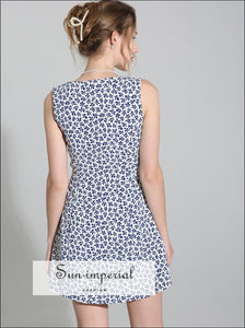 Blue Floral Print Sleeveless O Neck Slim Mini Dress Dress, floral dress, print flower vintage style SUN-IMPERIAL United States