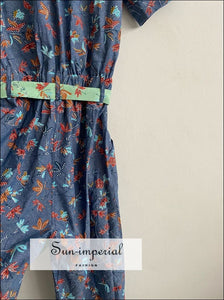 Blue Floral Print Women Jumpsuit Short Sleeve Turn-down Collar Tie Waist Women Jumpsuit