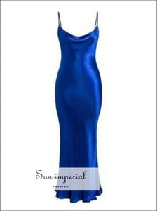Blue Maxi Satin Dress Slim Backless Cowl Neck Cami Straps Cocktail Party backless, bodycon cut, cami, cami strap, chick sexy style 
