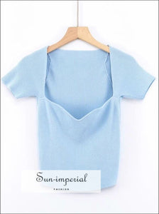 Blue Rib Knitted top Sweetheart Neck
