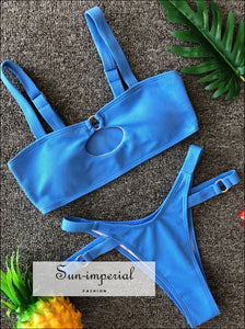 Blue Ribbed Keyhole Padded Bra Cut out Thong Bikini Set SUN-IMPERIAL United States