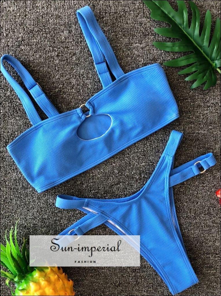 Sun Imperial Blue Ribbed Keyhole Padded Bra Cut Out Thong Bikini Set Sun Imperial