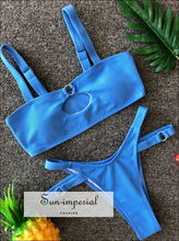Blue Ribbed Keyhole Padded Bra Cut out Thong Bikini Set SUN-IMPERIAL United States