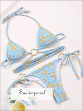 Blue Starfish Print Wrap around String Triangle Bikini top & side Tie bottom Set Black Polka Dot Sun-Imperial United States
