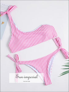 Striped One-shoulder Tie Bikini Set one-shoulder bikini Sun-Imperial United States