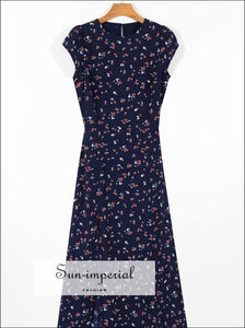 Blue Vintage Sleeveless Floral Print Midi Dress Split front Backless White Summer Dress