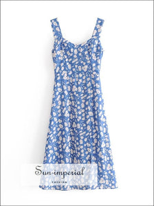 Blue Vintage White Floral Print Midi Dress Wide Cami Strap chick sexy style, vintage style SUN-IMPERIAL United States