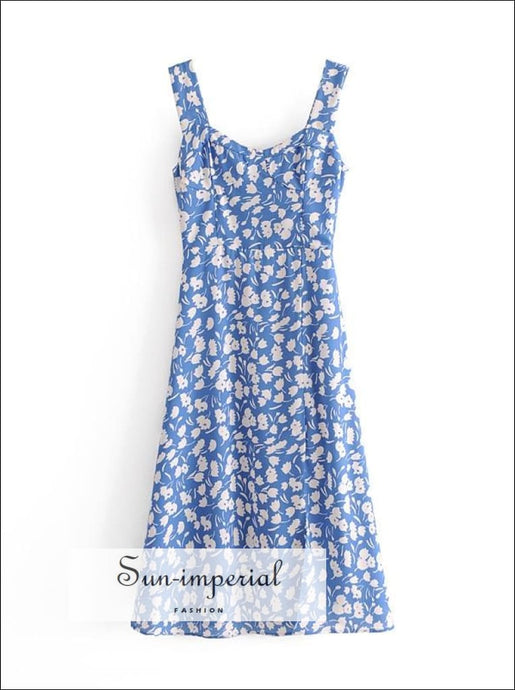 Blue Vintage White Floral Print Midi Dress Wide Cami Strap chick sexy style, vintage style SUN-IMPERIAL United States