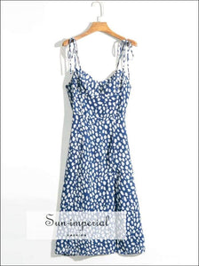 Blue with White Ink Spot Midi Dress Cami Tie Strap and side Split Usa