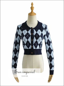Blue Women Collared Fitted Crop Cardigan Knitted Argyle Basic style, casual harajuku PUNK STYLE, street style SUN-IMPERIAL United States