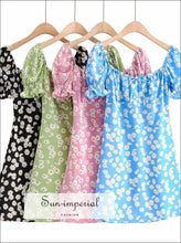 Blue - Women Square Neck Floral Print Mini Dress with Puff Sleeve