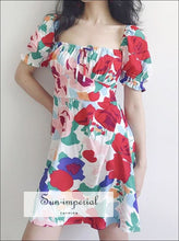 Blue - Women Square Neck Floral Print Mini Dress with Puff Sleeve