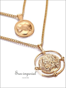 Bohemian Female Double-layer Necklace Vintage Gold Carved Coin SUN-IMPERIAL United States