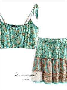 Boho Vintage Green Floral Print Two Piece Summer Skirt Set A-line Mini Dress Gypsy Beach best seller, dress, floral print, flower flowers 