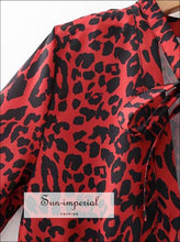 Bow Tie Collar Leopard Print Pleated Dress Red Animal Pattern Elastic Waist Long Sleeve Knee