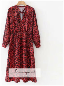 Bow Tie Collar Leopard Print Pleated Dress Red Animal Pattern Elastic Waist Long Sleeve Knee