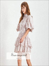 Brianna Dress - Casual Print Women Lapel Puff Sleeve High Waist Lace Pleated Hem Print, Waist, Sleeve, Dresses, vintage SUN-IMPERIAL United 