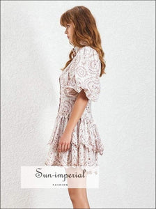 Brianna Dress - Casual Print Women Lapel Puff Sleeve High Waist Lace Pleated Hem Print, Waist, Sleeve, Dresses, vintage SUN-IMPERIAL United 