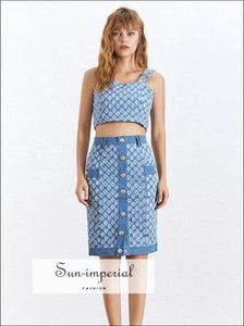 Brianna Skirt Set - Blue Embroidery Pencil Midi with Sleeveless Crop top ankle lenth skirt, blue, Sets, midid Mini SUN-IMPERIAL United 