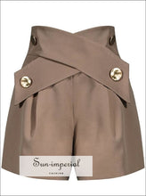 Brown Elegant Women High Waist Shorts Loose Cut with Cross Golden Button detail SUN-IMPERIAL United States