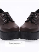 Brown Punk Lace up Oxfords Vegan Leather with Short Block Heel and Chunky Treaded Soles casual style, harajuku SHOES, Preppy Style Clothes, 