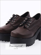 Brown Punk Lace up Oxfords Vegan Leather with Short Block Heel and Chunky Treaded Soles casual style, harajuku SHOES, Preppy Style Clothes, 
