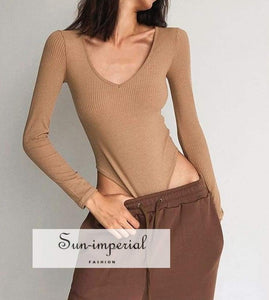 Brown V Neck Long Sleeve Ribbed Bodysuit Basic style, street style SUN-IMPERIAL United States