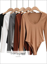 Brown V Neck Long Sleeve Ribbed Bodysuit Basic style, street style SUN-IMPERIAL United States