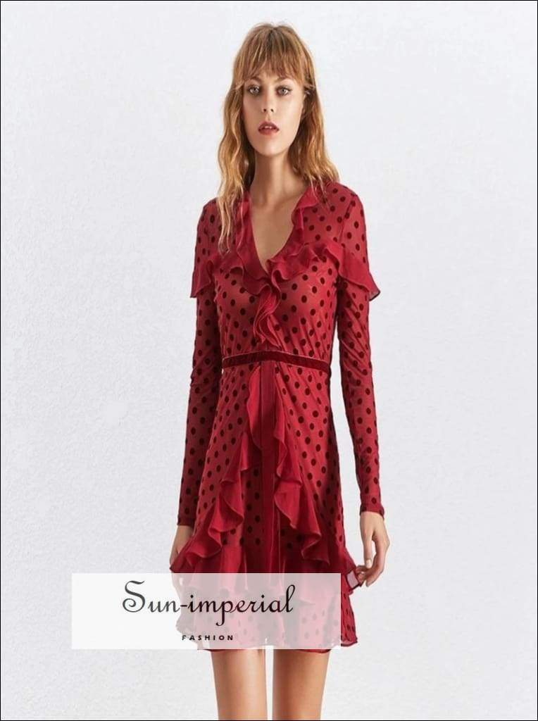 Sun imperial bug dress polka dot dress v neck long sleeve high waist ruffles sheer mini party Sun Imperial