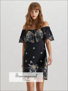 Butterfly Dress- Summer Flower Embroidery Women Dress off Shoulder Slash Neck Short Sleeve High Bodycon Mini Dresses, Dress, Off Shoulder, 