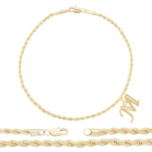 A-Z Initial Letter Pendant 14K Gold Filled Cubic Zirconia Rope Chain Anklet 10" Set CZ Charm Foot Bracelet 2.4 mm Female Women Girl