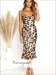 Cami Strap Leopard Print Pencil Bodycon Slit Summer Women Dress Backless Midi Dress