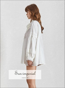 Camila Top- Solid White Embroidery Women Oversize Loose Blouse Stand Tie Collar Lantern Sleeve Pearl