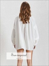 Camila Top- Solid White Embroidery Women Oversize Loose Blouse Stand Tie Collar Lantern Sleeve Pearl