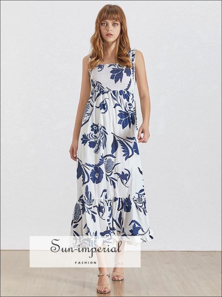 Sun-imperial - carter dress- summer korean print ankle-length women dress square collar off shoulder Blue / L Sun-imperial - carter dress- summer korean print ankle-length women dress square collar off shoulder Blue / L