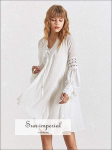 Cassidy Tonic - Casual Polka Dot Women's Blouse V Neck Lace up Lantern Sleeve Lace