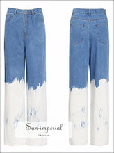 Casual Loose White Painted Women full Length Two Tone Denim Jeans High Waist Color Block Wide Leg street style, Unique style SUN-IMPERIAL 