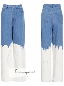 Casual Loose White Painted Women full Length Two Tone Denim Jeans High Waist Color Block Wide Leg street style, Unique style SUN-IMPERIAL 