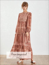 Catherine Dress- Vintage Floral Lace O Neck Lantern Sleeve Loose Fit Maxi Dress High Waist, Sleeve, Neck, Print Long Dress, vintage 